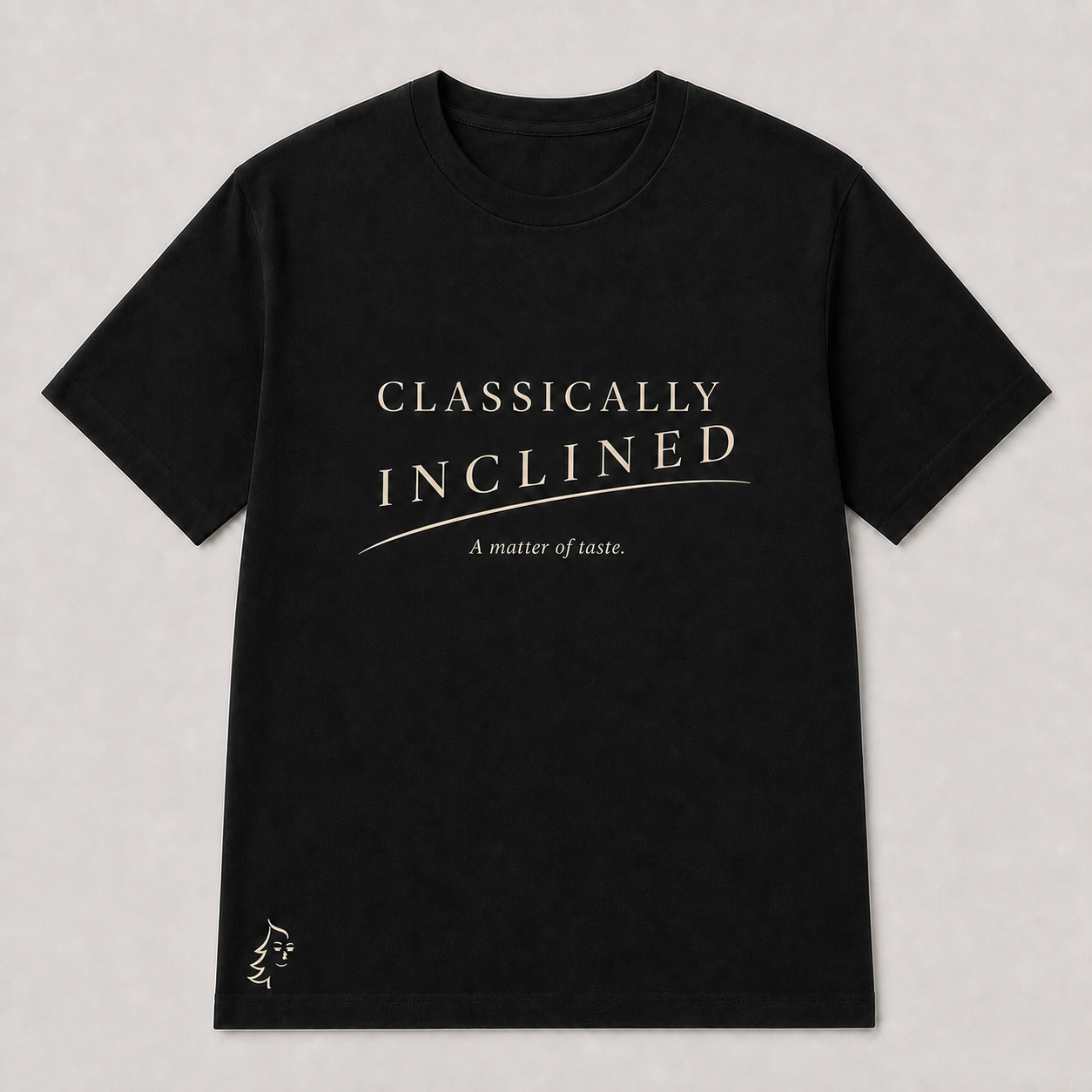 Classically Inclined Minimal T-Shirt in Forest Green with ivory typography, phrase slur, A matter of taste subtitle, and Sprucely mark