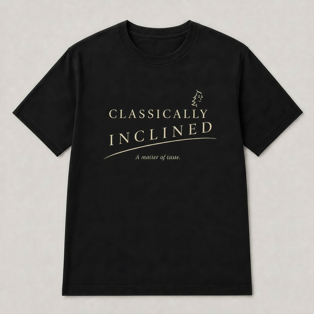 Classically Inclined Minimal T-Shirt in Forest Green with ivory typography, phrase slur, A matter of taste subtitle, and Sprucely mark