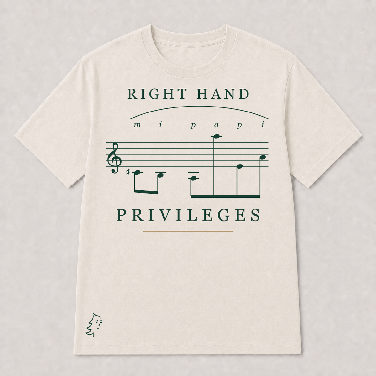 Right Hand Privileges Minimal T-Shirt in warm ivory with the MI PAPI classical-guitar fingering score