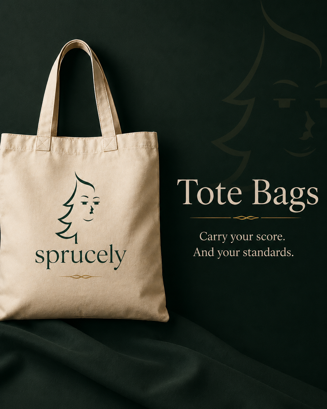 Sprucely Tote Bags collection — carry your score and your standards
