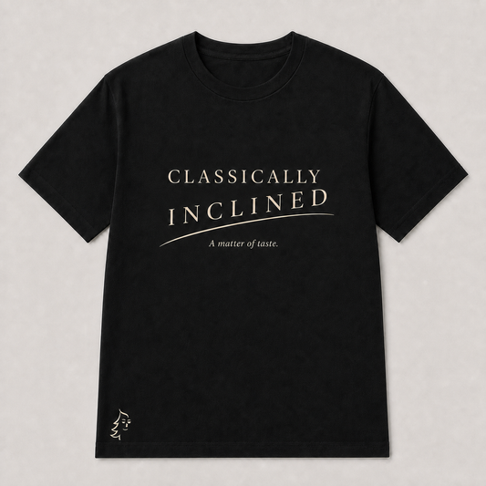 Classically Inclined Minimal T-Shirt in Forest Green with ivory typography, phrase slur, A matter of taste subtitle, and Sprucely mark