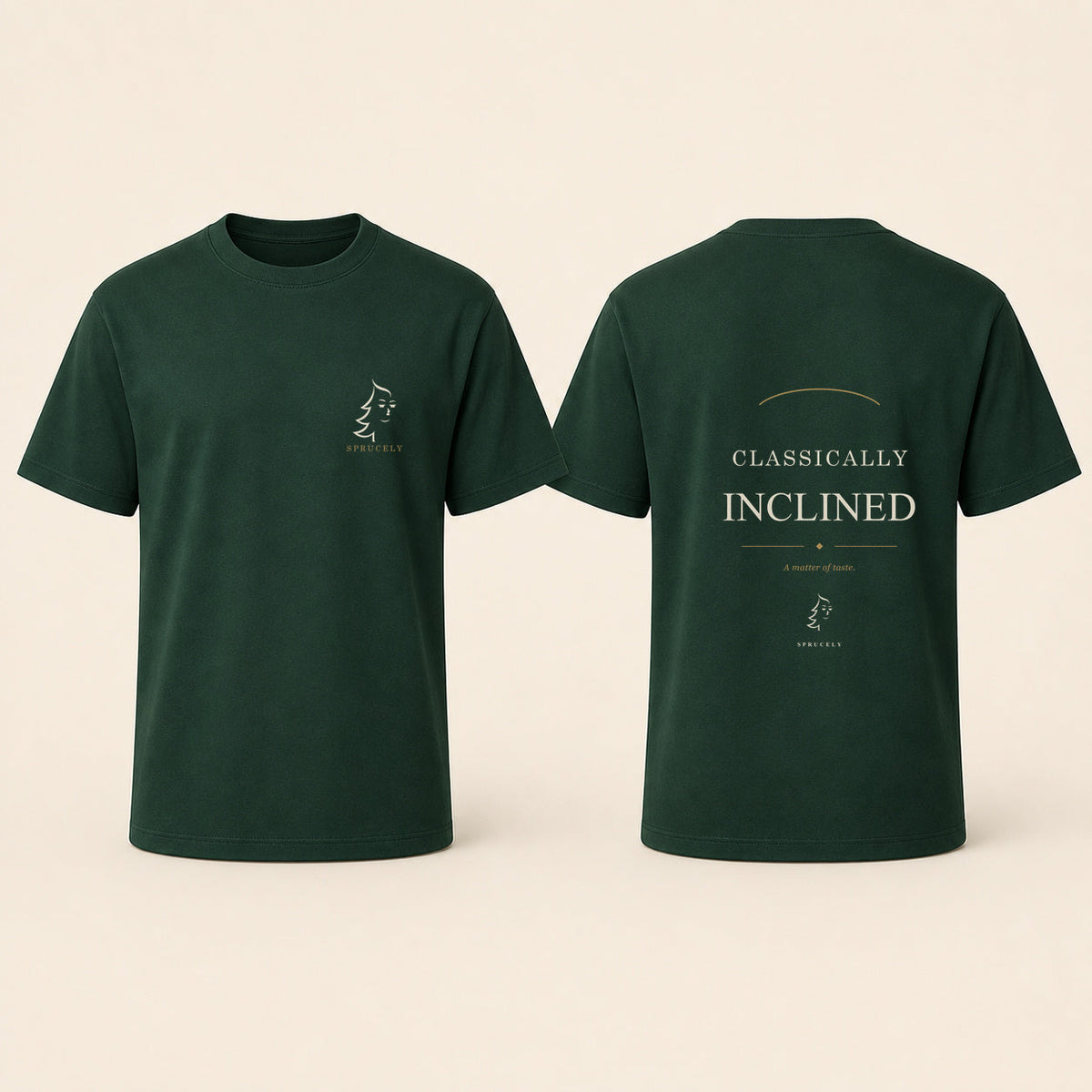 Sprucely Classically Inclined T-shirt in forest green, front and back views