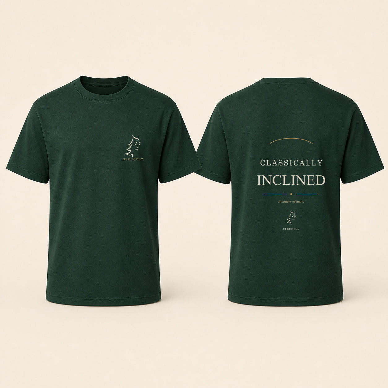 Sprucely Classically Inclined T-shirt in forest green, front and back views