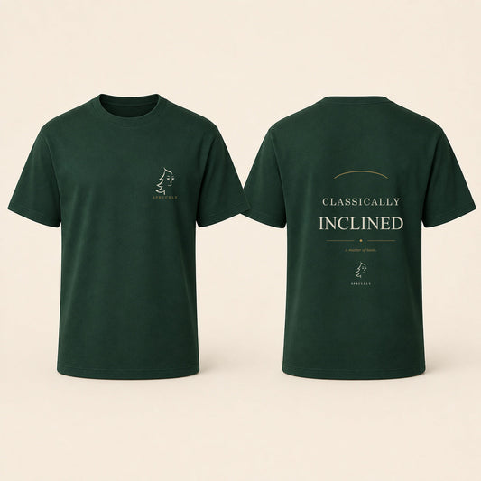 Sprucely Classically Inclined T-shirt in forest green, front and back views