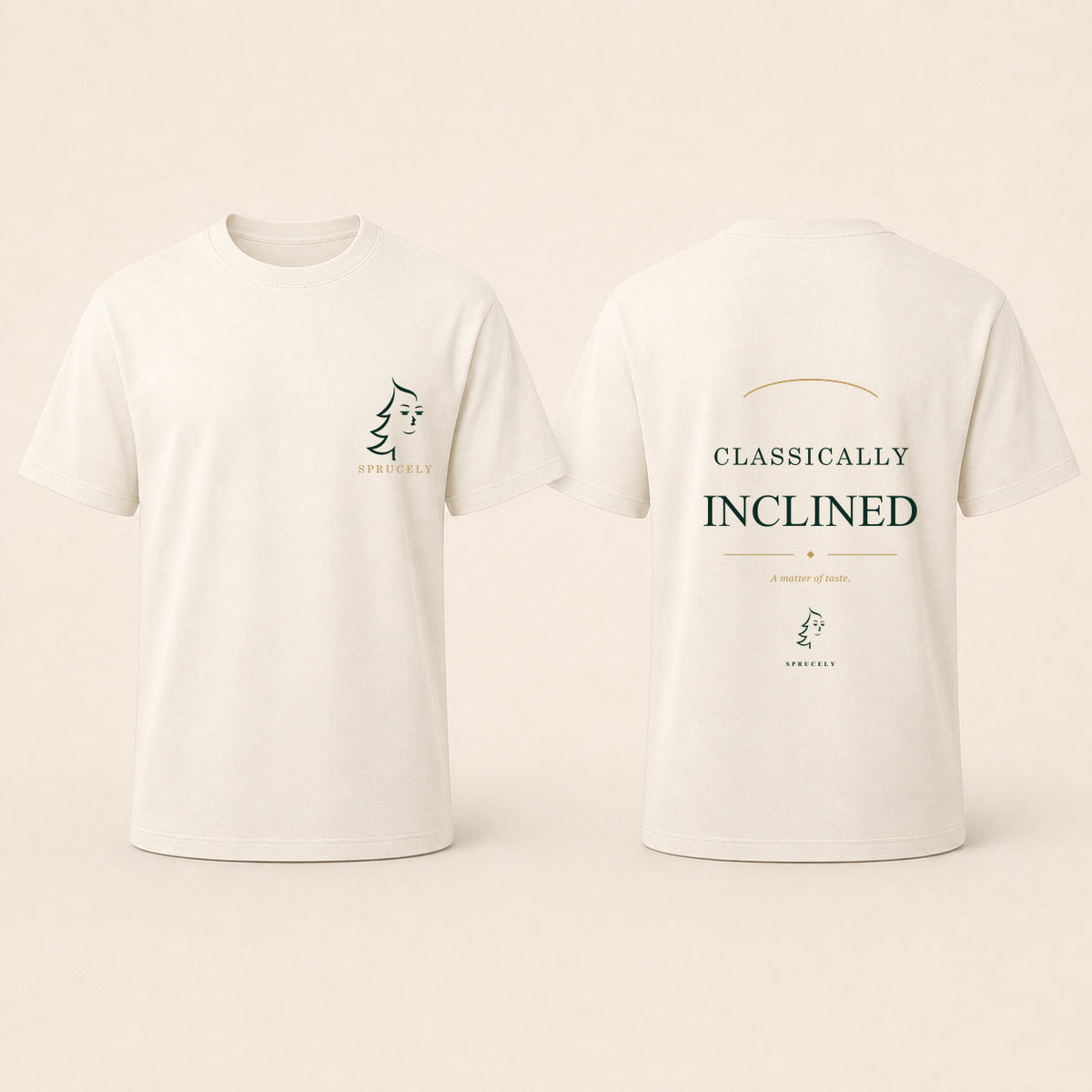 Classically Inclined T-Shirt — Warm Ivory Edition, matching the dark-edition design on a warm cream background