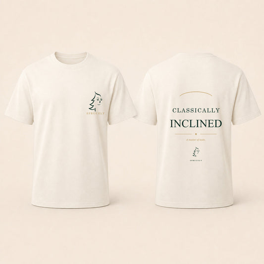 Classically Inclined T-Shirt — Warm Ivory Edition, matching the dark-edition design on a warm cream background
