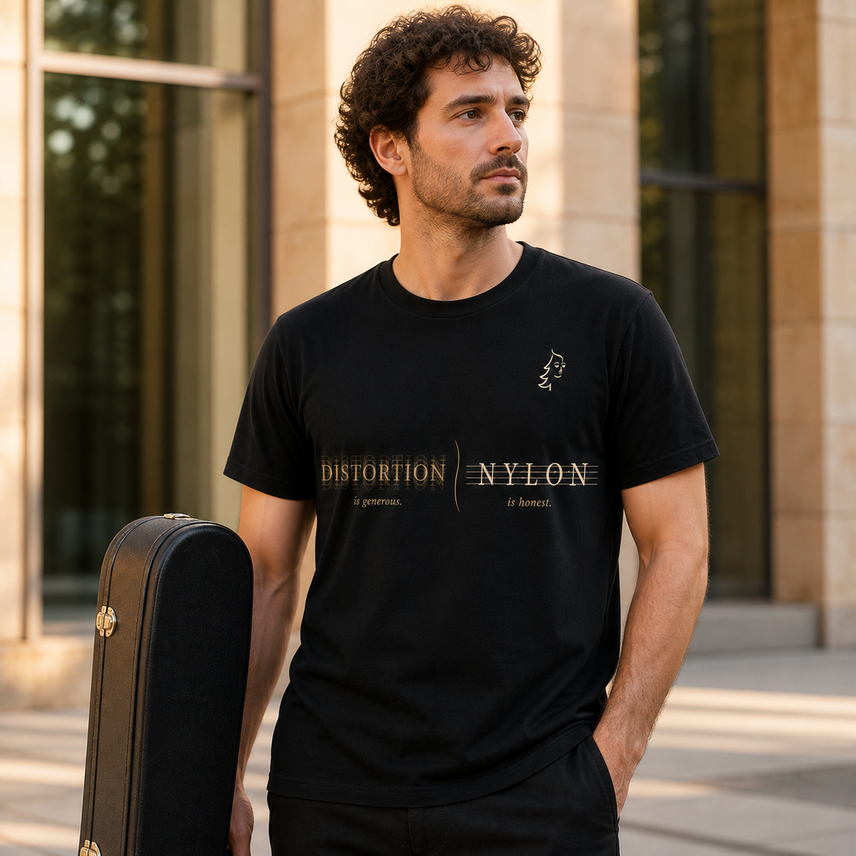 Musician wearing the approved dark Nylon Is Honest Minimal T-Shirt Design C