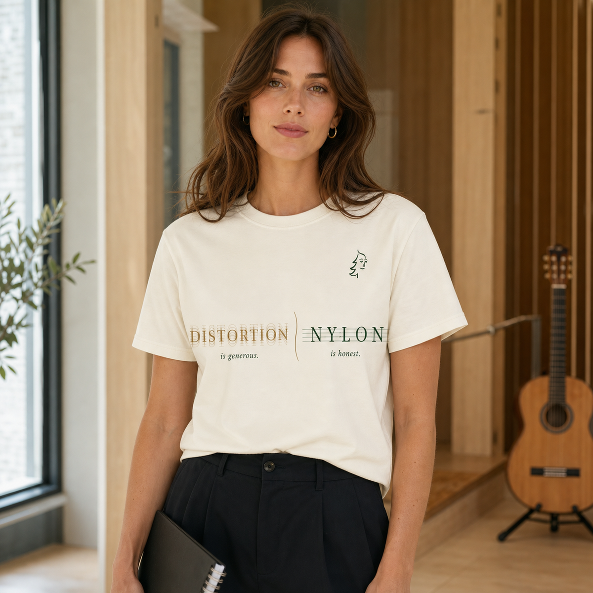 Musician wearing the approved Warm Ivory Nylon Is Honest Minimal T-Shirt Design C
