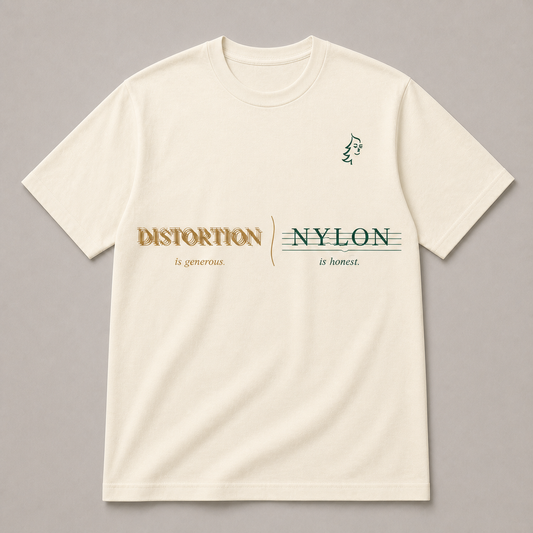 Nylon Is Honest Minimal T-Shirt in Warm Ivory with Design C, front flat-lay