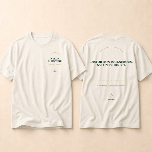 Nylon Is Honest T-Shirt — Warm Ivory Edition, matching the dark-edition design on a warm cream background
