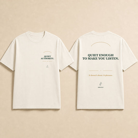 Quiet Authority T-Shirt — Warm Ivory Edition, matching the dark-edition design on a warm cream background