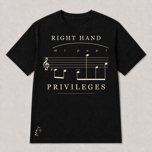 Right Hand Privileges Minimal T-Shirt in dark forest with the MI PAPI classical-guitar fingering score