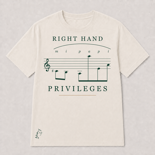 Right Hand Privileges Minimal T-Shirt in warm ivory with the MI PAPI classical-guitar fingering score
