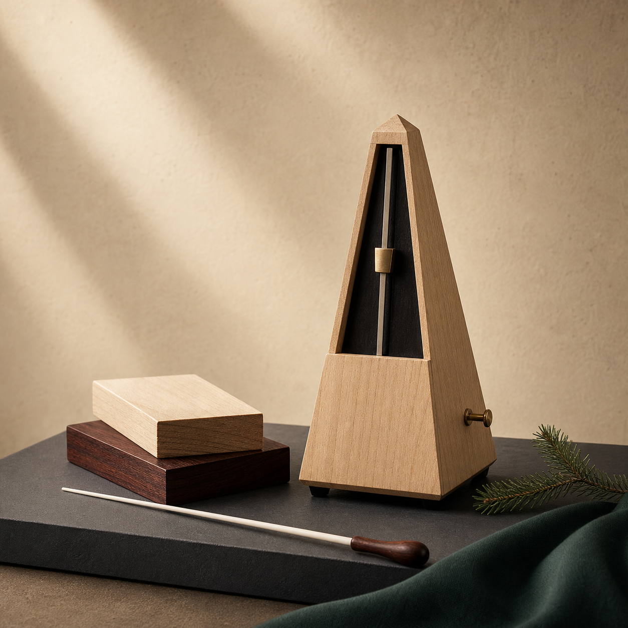 Sprucely editorial still life with a wooden metronome, conductor's baton, spruce and rosewood tonewood samples
