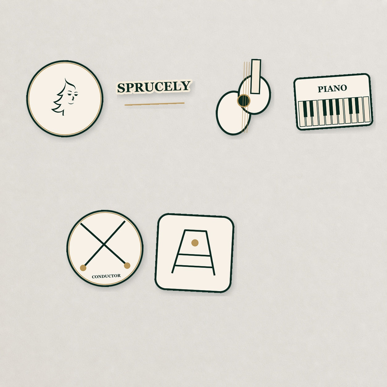 Sprucely Musician Icons Sticker Set — Light Edition on a neutral studio background