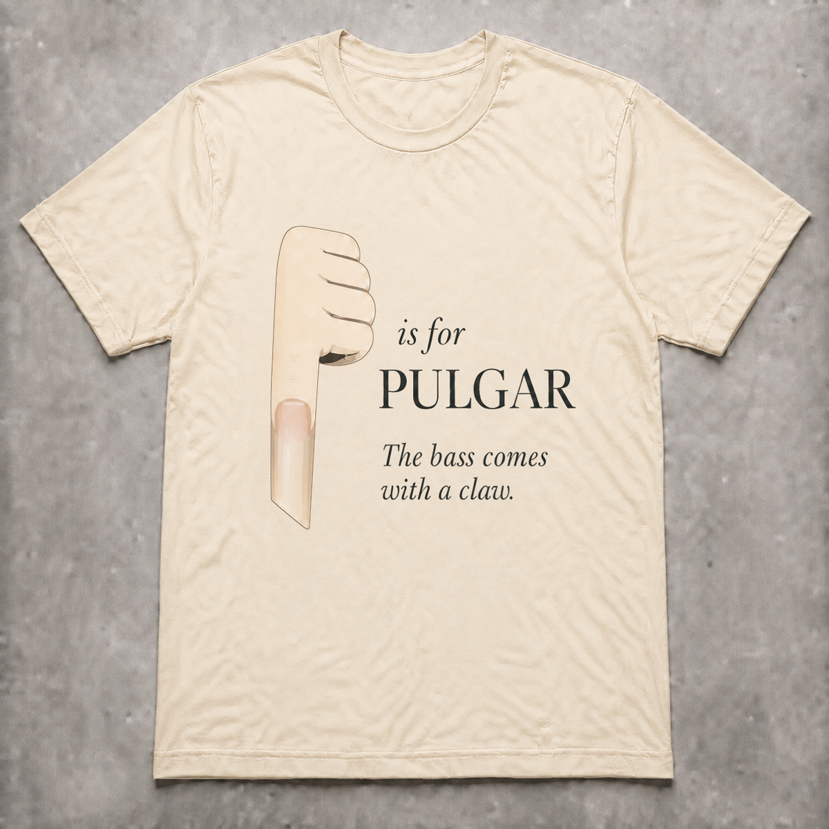 The Bass Claw Minimal T-Shirt in Warm Ivory with P is for Pulgar thumb-and-claw artwork