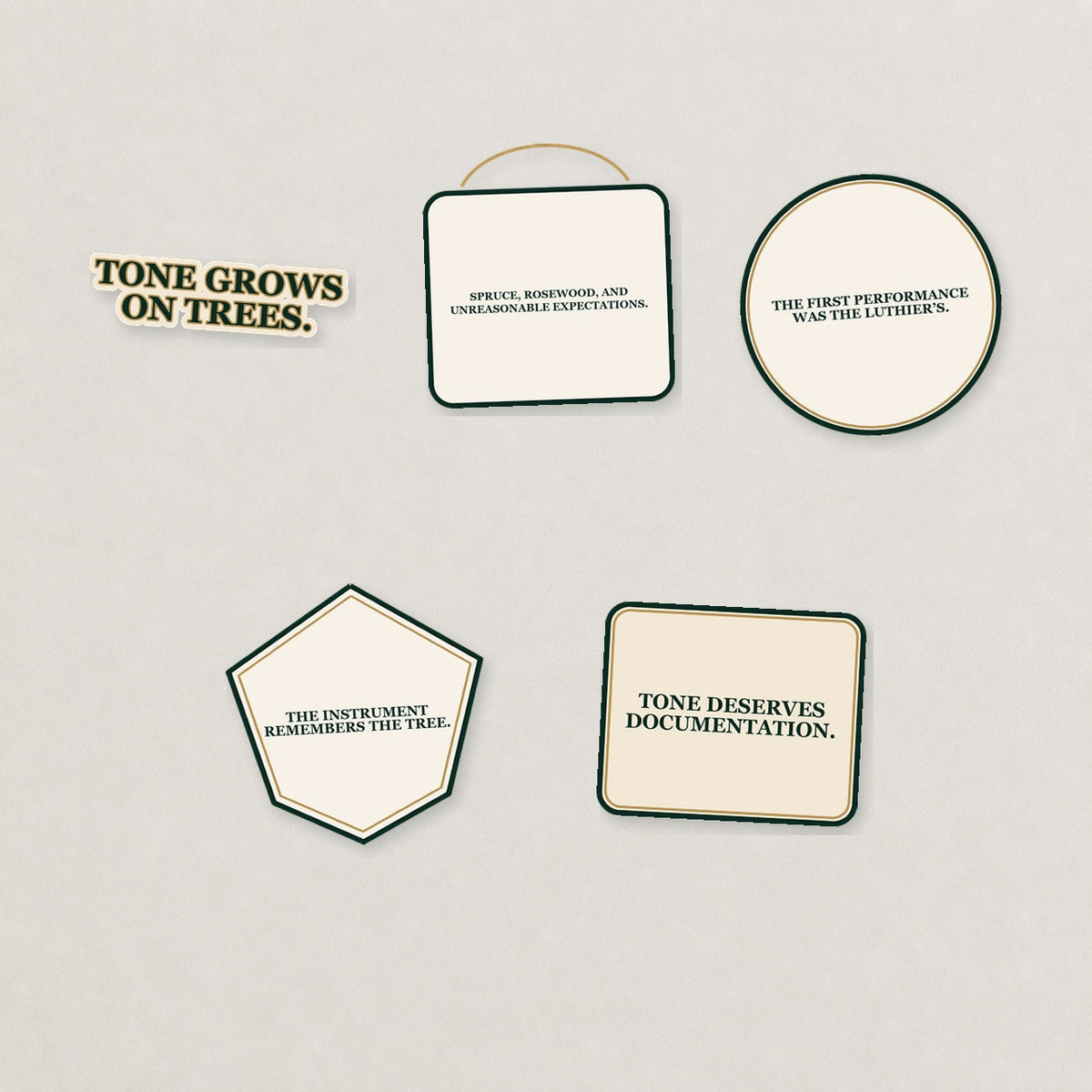 Tonewood & Luthier Sticker Pack — Light Edition on a neutral studio background