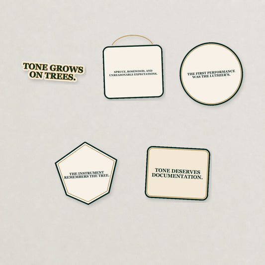 Tonewood & Luthier Sticker Pack — Light Edition on a neutral studio background