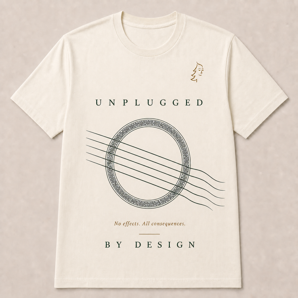 Unplugged by Design Minimal T-Shirt Warm Ivory Edition with rosette, six strings and No effects. All consequences.