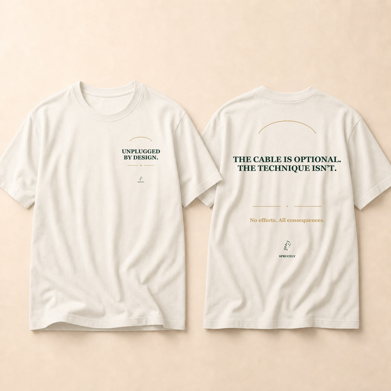 Unplugged by Design T-Shirt — Warm Ivory Edition, matching the dark-edition design on a warm cream background