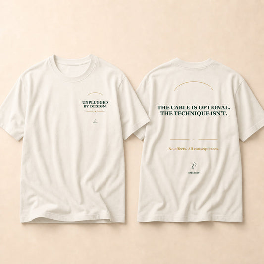 Unplugged by Design T-Shirt — Warm Ivory Edition, matching the dark-edition design on a warm cream background